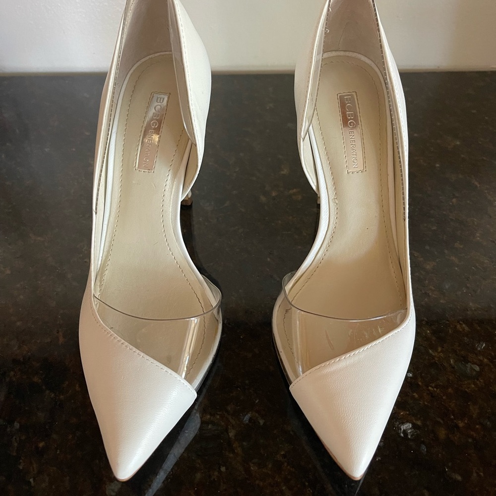 Bcbg generation pointy high heel shoe , white/ clear